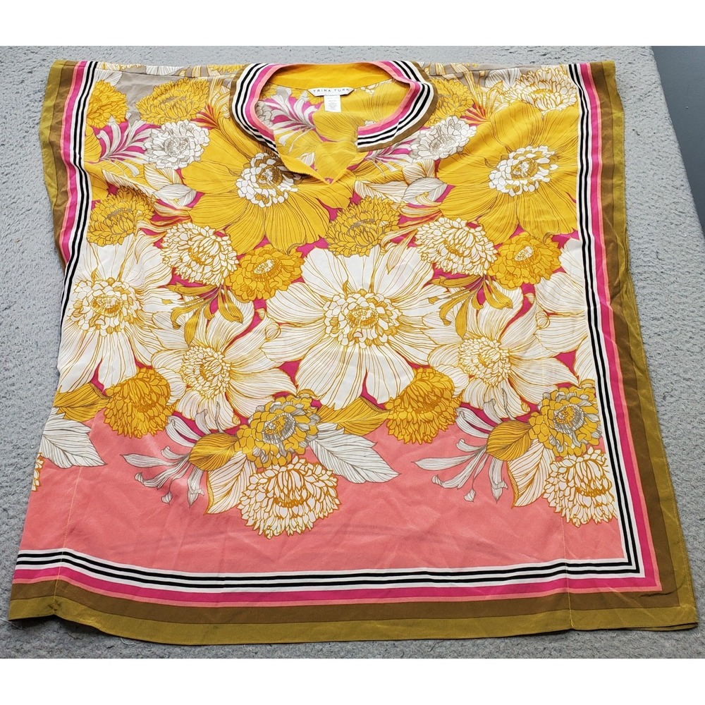 Trina Turk Kaftan Top Womens One Size Multicolor Floral Striped Silk Split Neck